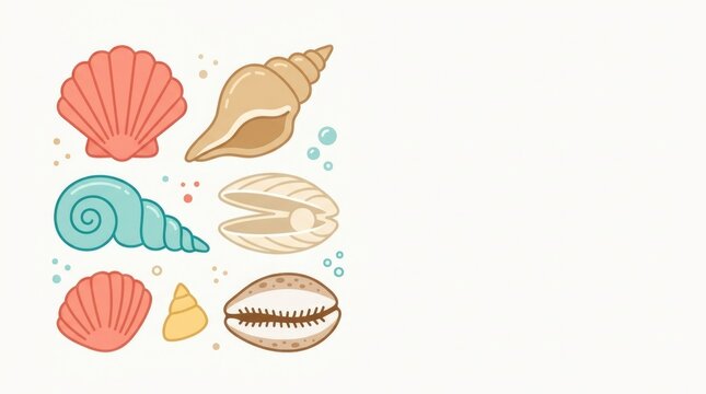 Collection of cute seashells with varied recognizable silhouettes, rounded scallop shell, elongated conch shell, curved spiral shell, open clam shell