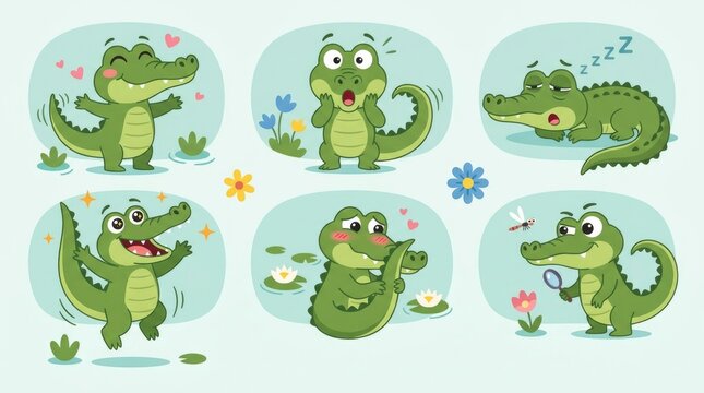 Collection of cute crocodiles with different playful poses and green color variations, tiny baby crocodile, smiling crocodile, swimming crocodile, wal