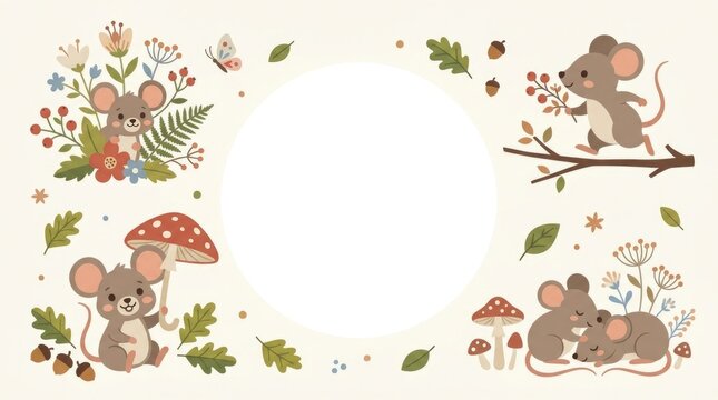 Commercial children's mouse clipart collection featuring playful baby mice with mushrooms, acorns, berries, flowers, leaves, butterflies and simple wo