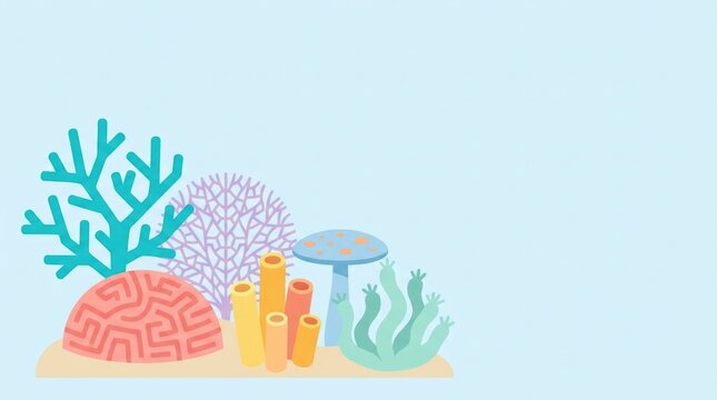 Collection of cute corals with varied recognizable silhouettes, branching staghorn-inspired coral, rounded brain coral, delicate sea fan, tubular cora