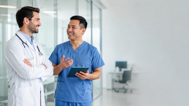 Two male doctors having a conversation in a modern hospital hallway.