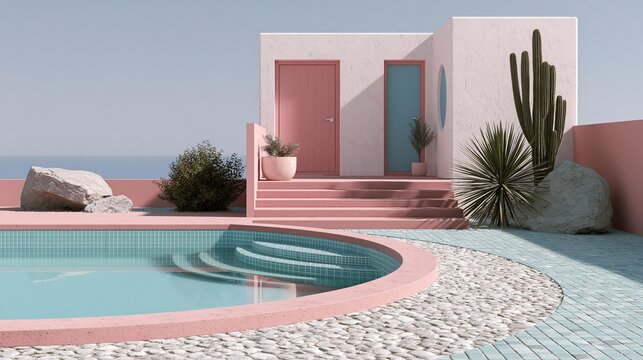 Pastel pink poolside with modern minimalist house