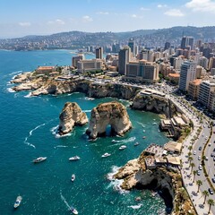 Fototapeta premium Beirut Cityscape with Pigeon Rocks Lebanon Coastline