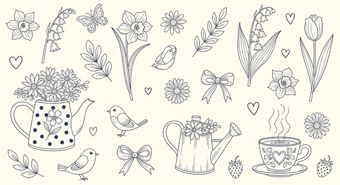 Handdrawn floral elements and garden illustrations in a line art style featuring vintage doodle birds watering cans and spring flowers for