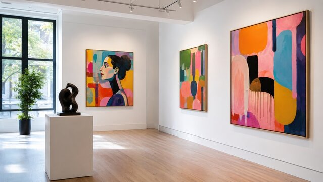 Bright contemporary art gallery interior with colorful abstract paintings, a figurative portrait, pedestal sculpture, large window, plant and hardwood floors