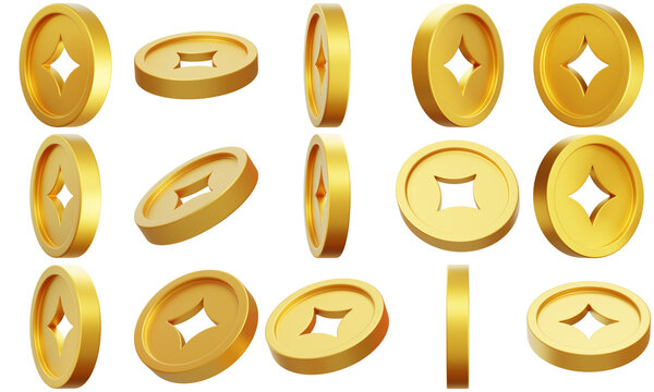 a realistic 3d render of various golden chinese feng shui coins with square holes, shown from multiple angles.