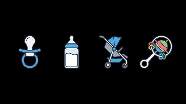 Blue baby care icons featuring stroller bottle and rattle.