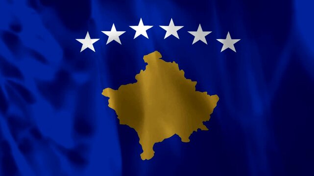 Waving flag of Kosovo with golden map and six white stars on a blue background