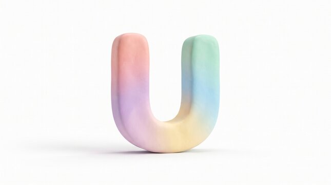 Pastel clay letter U, colorful 3D alphabet character with soft gradient texture, playful rainbow modeling clay typography isolated PNG with Transparent Background