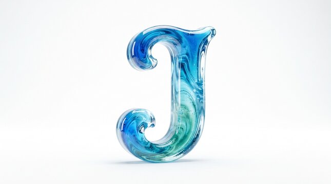 Cursive glass letter J with blue and green liquid swirls, 3D glossy alphabet character, decorative water effect typography isolated PNG with Transparent Background