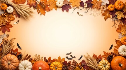 Fototapeta premium Autumn harvest border frame with pumpkins and cinnamon sticks