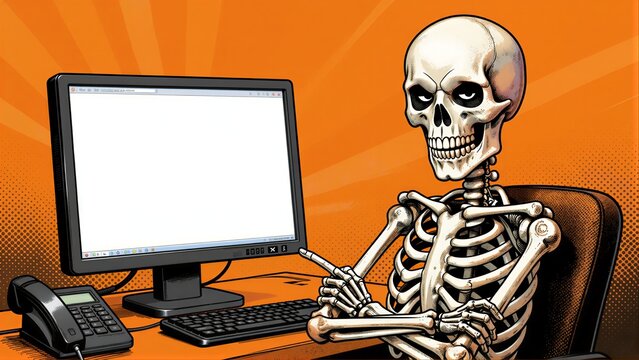 Skeleton sits at desk, pointing at computer screen against vibrant orange background.