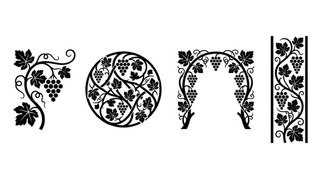 Decorative grapevine ornaments in vintage scroll and arch styles.