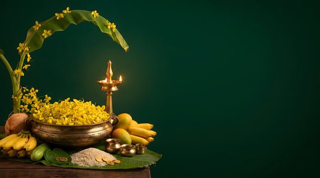 Vishu festival celebration background with traditional brass lamp with fistula flowers tropical