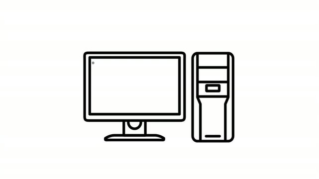 computer animated icon showing desktop pc setup outline