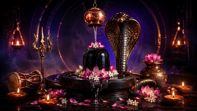 Mystical shiva lingam receiving sacred water abhishekam with lotus flowers oil lamps trident and damru under a glowing cobra hood.