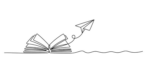 Continuous single line drawing of an open book with a flying paper airplane