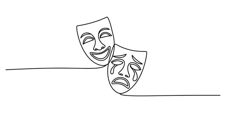 Continuous single line drawing of comedy and tragedy theater masks