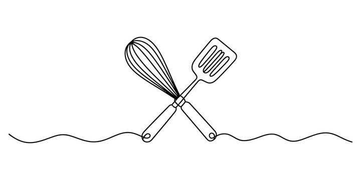 Continuous single line drawing of kitchen whisk and spatula cooking tools