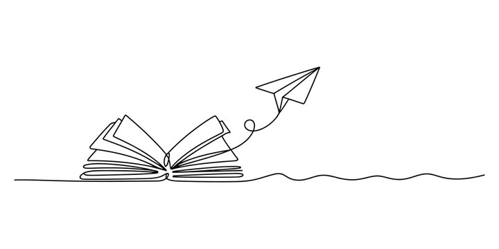 Continuous single line drawing of an open book with a flying paper airplane