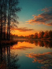Glowing sunset over a calm forest lake framed by dark trees and warm autumn foliage, creating a peaceful reflective landscape perfect for relaxation, travel and seasonal nature themes. © UQink