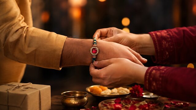 Sister carefully ties traditional designer rakhi around brother wrist in warm lit room with festival sweets and brass thali on table