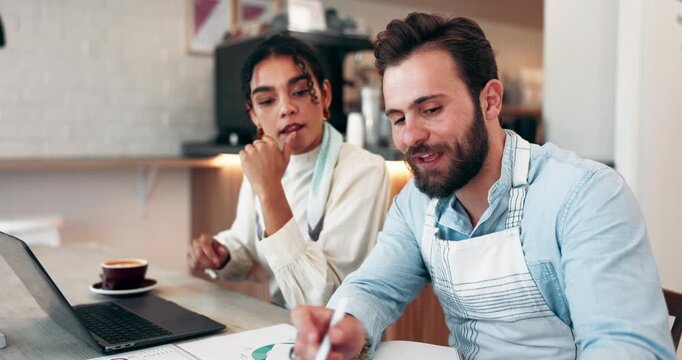 Business, partner and meeting with tablet in cafe for budget planning, sales review and financial management. Hospitality teamwork, people and restaurant manager with digital app for supplier invoice