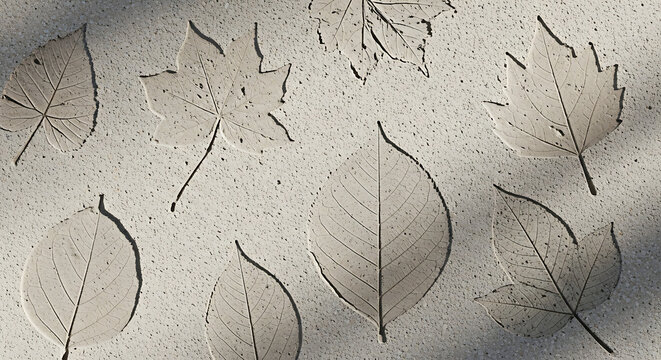 Artistic leaf imprint on a concrete surface showing a fossil texture and natural patterns on gray stone