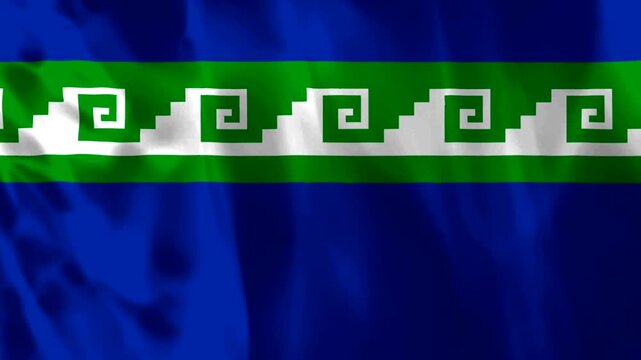 Waving flag of the Mapuche people featuring traditional white geometric patterns