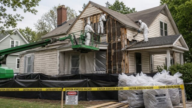 Workers in protective hazmat suits removing exterior siding from an older house during asbestos abatement with lift, warning tape, labeled waste bags and containment sheeting