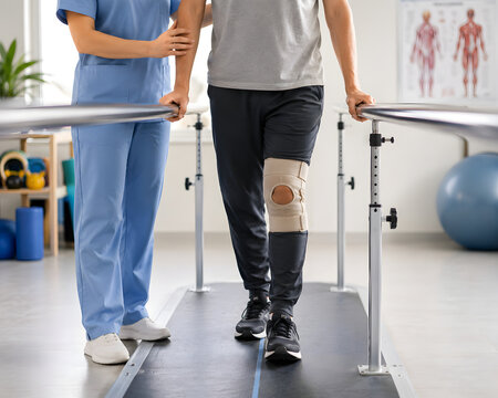 Physical therapist assisting male patient with knee brace walking on parallel bars in rehabilitation clinic