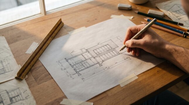 Hand sketching building elevation architecture drawing pencil blueprint draft desk