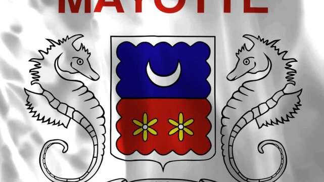 Waving fabric flag of Mayotte featuring the official emblem with seahorses and crescent moon