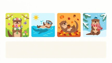 Fototapeta premium Collection of cute otters enjoying seasonal activities including spring flowers, summer swimming, autumn leaves and winter scarves, clean commercial v