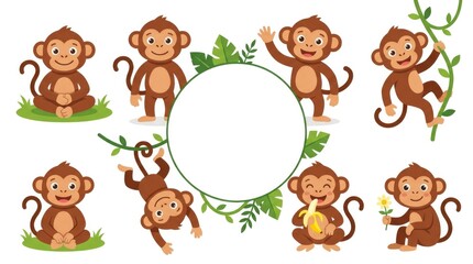Obraz premium Cute cartoon monkey collection with happy facial expressions, sitting, standing, waving, climbing, hanging by the tail, eating a banana and holding a