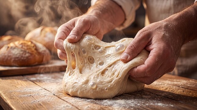 sourdough dough baking hands baker bread kneading artisan fermentation closeup stretches an airy fermented loaf mixture on a floured wooden table for bakery craft and traditional food campaigns
