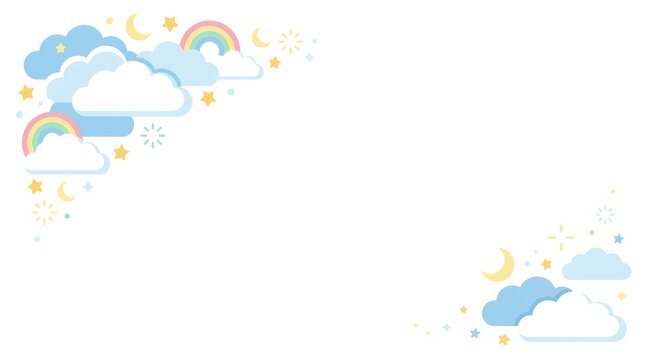 Cute cloud corner decoration featuring fluffy clouds, tiny stars, crescent moons, small rainbows and simple sparkling shapes concentrated in two oppos