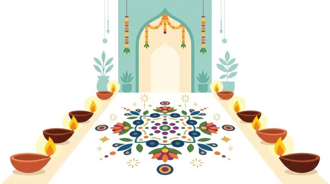 Festive diyas along the entrance light harmonious rangoli with golden sparks. Flat vector illustration, modern editable vector style, clean geometric