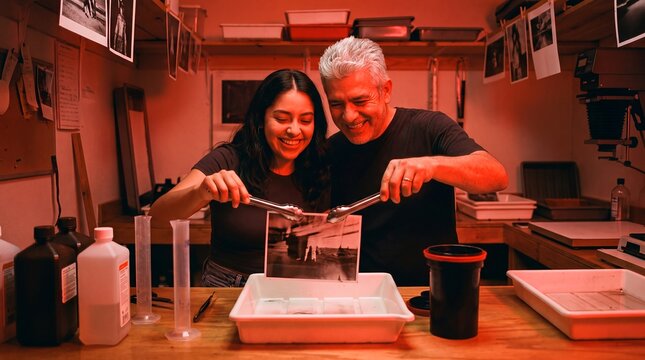 darkroom film developing artists analog printing creative workshop mentoring craft process a print under red light while sharing traditional techniques for artistic education and hands on craft