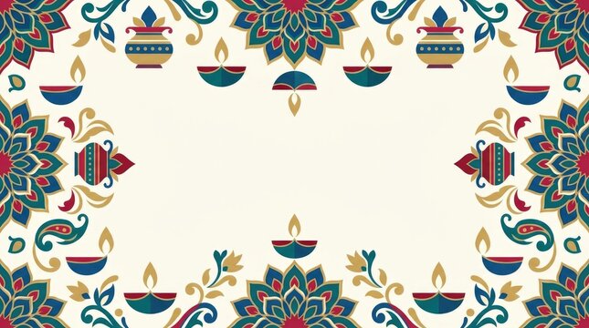 Luxury Diwali ornamental composition combining intricate mandalas, traditional Indian decorative flourishes, diya accents, floral arabesques, elegant