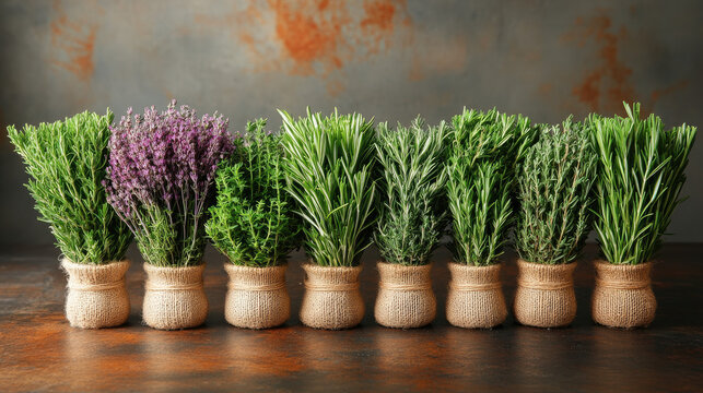 Assortment of potted green herbs and purple heather plants in rustic burlap wraps, displayed in a row on a textured surface.