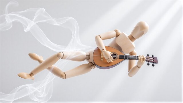 Wooden figure plays mandolin, smoke swirls around in serene white light.