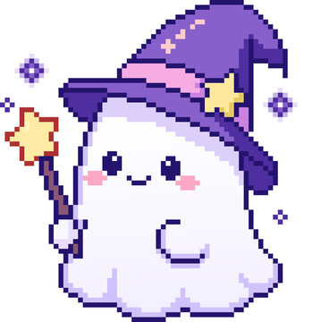 Pixel Art Cute Kawaii Ghost Character Halloween Spirit Witch Hat and Magic Wand Sorcerer 8 Bit Retro Pixelated Mascot Icon for Video Games Mobile Apps Stickers and Halloween Design