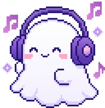 Pixel Art Cute Kawaii Ghost Character Purple Headphones Music Notes Gamer Spirit 8 Bit Retro Pixelated Mascot Icon for Video Games Mobile Apps Stickers and Music Design