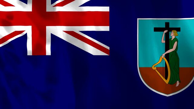 Waving flag of Montserrat featuring the British Blue Ensign and the coat of arms emblem