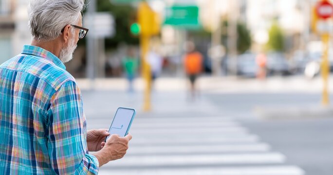 Senior man using smartphone at crosswalk
