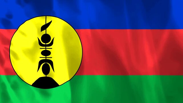 Waving flag of New Caledonia with blue red and green horizontal stripes and yellow circle