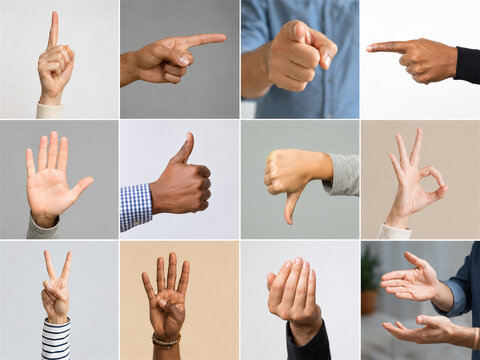 Collection of diverse hands making common gestures including pointing thumbs up thumbs down open palm victory sign fist and counting poses isolated on simple backgrounds for communication concepts