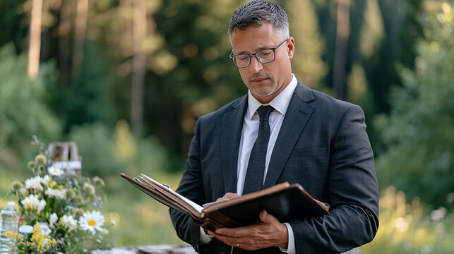 Wedding officiant standing alone in quiet rural meadow reviewing ceremony notes, IBS dietary card tucked into leather portfolio, symbolic still life of water bottle, antacids, and wildflowers on nea