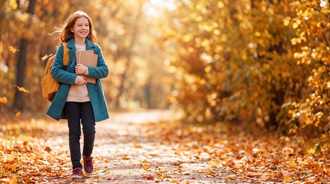 back to school girl autumn books backpack student education walking walks through golden leaves holding notebooks for first day confidence seasonal enrollment and youth lifestyle campaigns